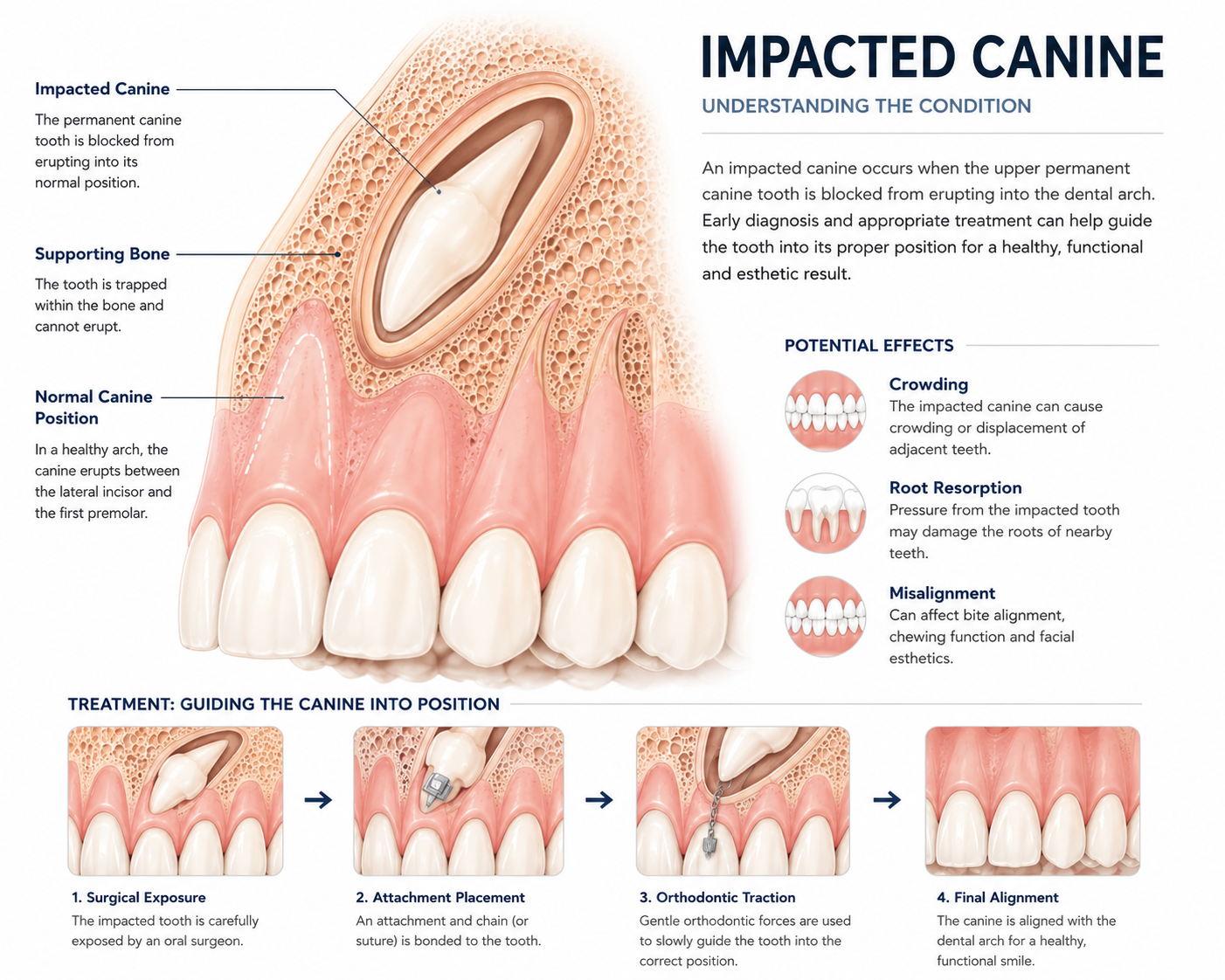 Impacted canine infographic showing the condition, potential effects, and 4-step surgical treatment process at Wilshire Oral Surgery and Implant Center