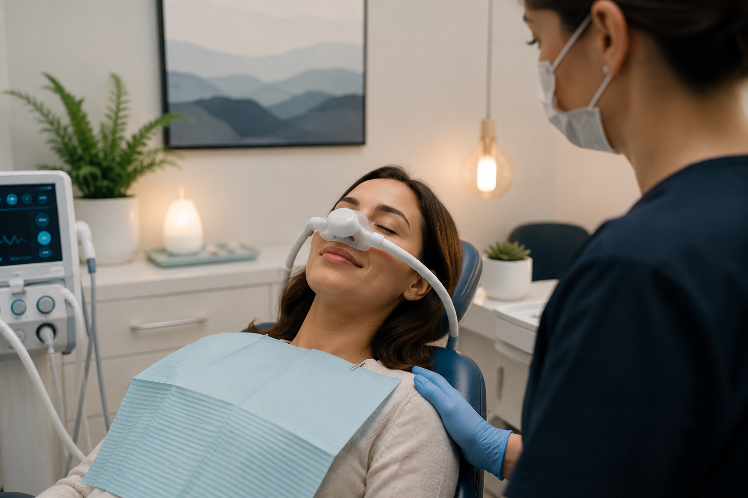 Patient relaxing comfortably under nitrous oxide sedation during oral surgery at Wilshire Oral Surgery and Implant Center in Los Angeles